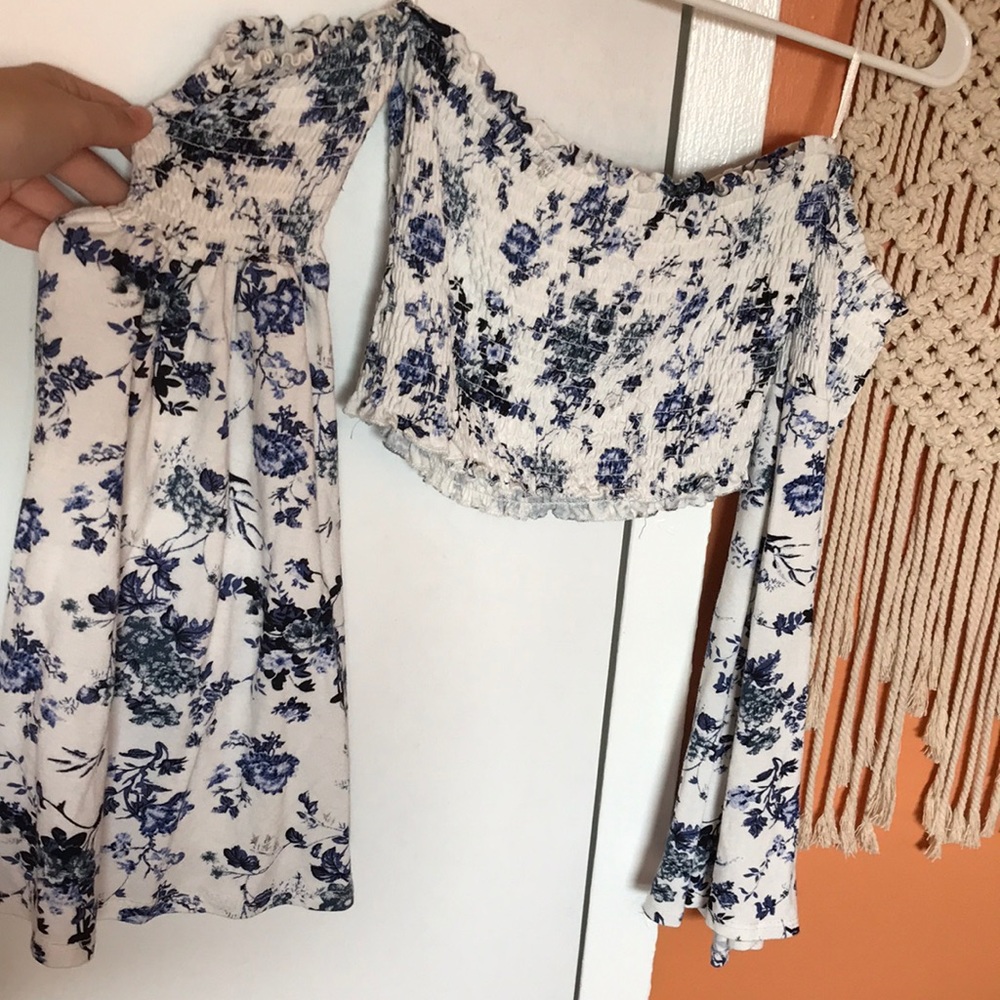 Blue Floral Crop Top with Bell Sleeves | Bluenotes